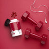 Stylized photo of Physician's Choice Antarctic Krill Oil with Superba2 with weights and headphones