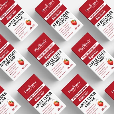 Boxes of Physician's Choice Apple Cider Vinegar capsules on a white background
