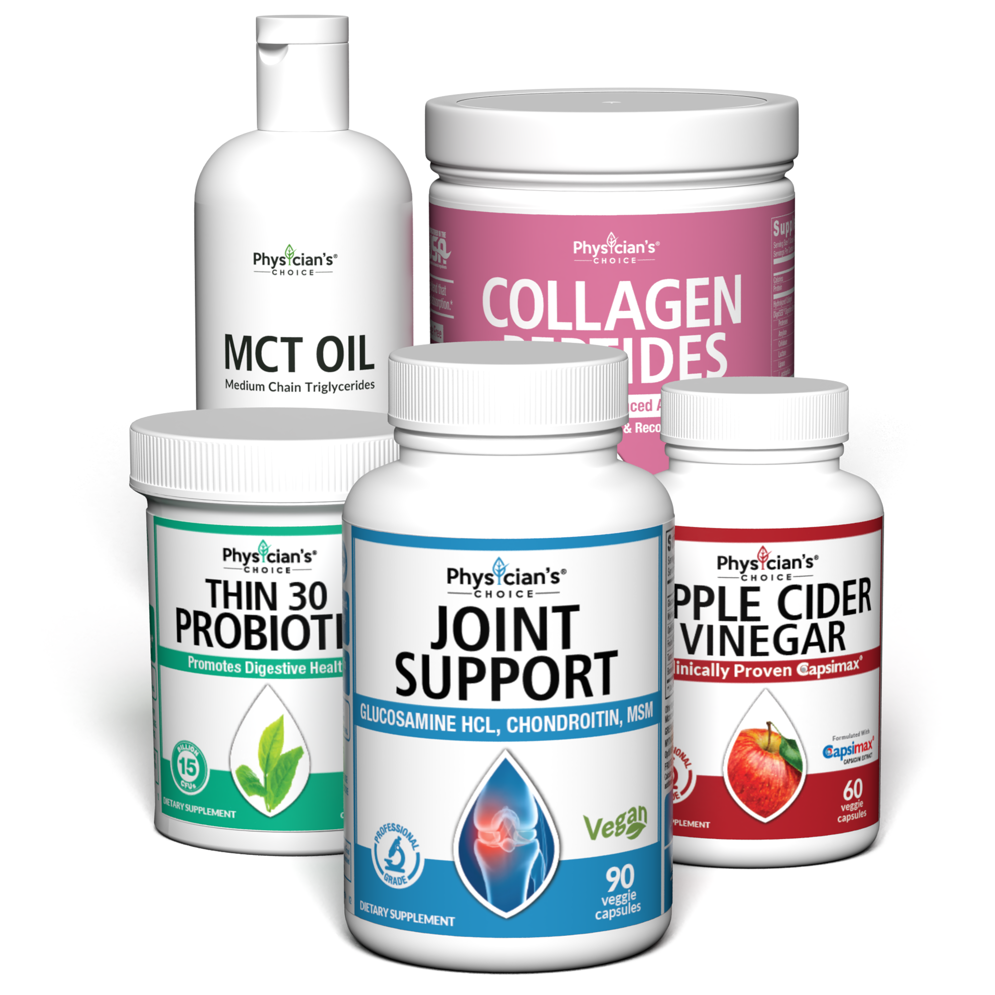 Fitness and Athletics Bundle with Joint Support, Thin 30 Probiotic, Apple Cider Vinegar, Collagen Peptides, and MCT Oil