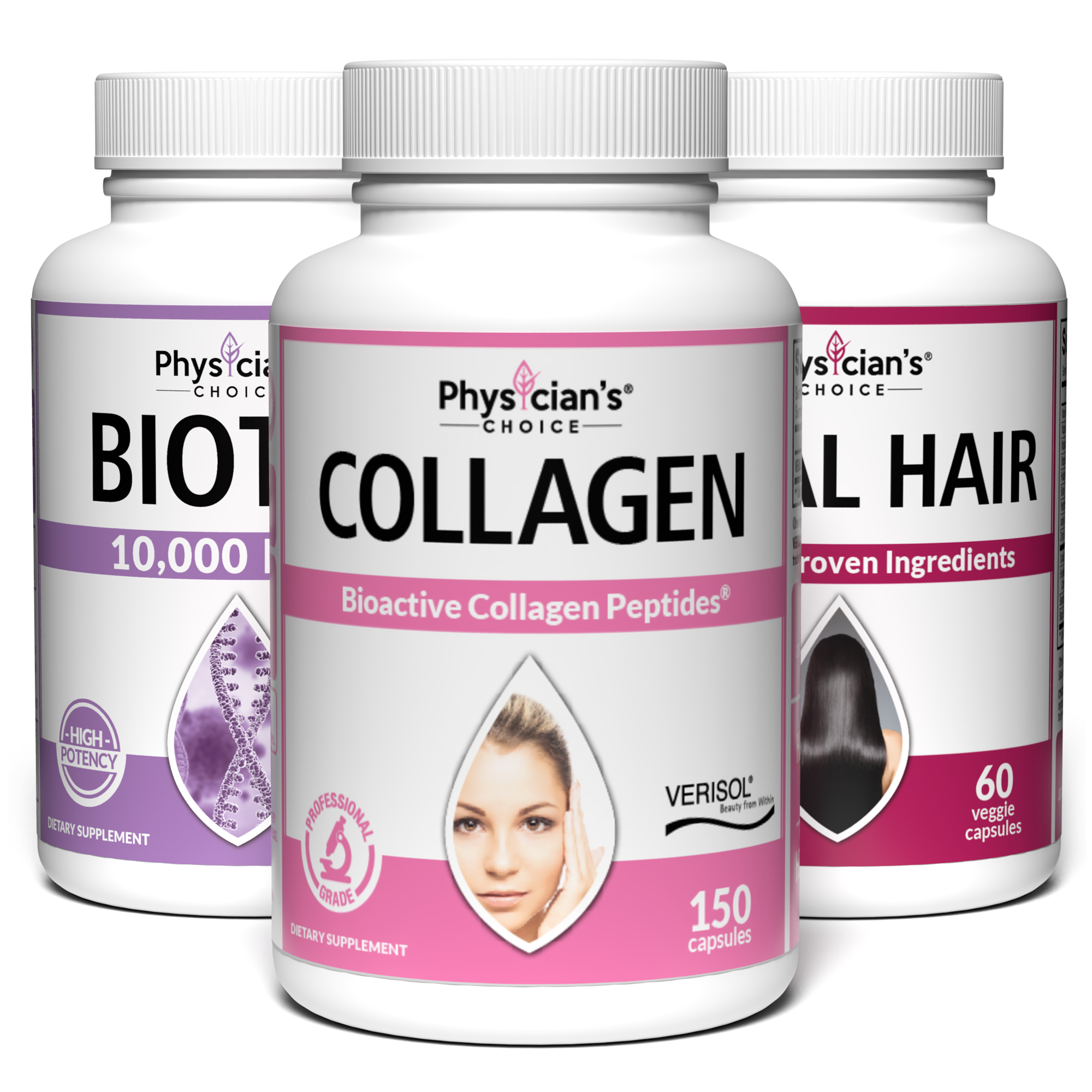 Skin, Nails and Hair Care Bundle with Biotin 10,000 mcg, Verisol Collagen, and Total Hair